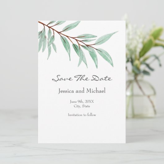 Waterverf Eucalyptusbladeren Save The Date (Staand voorkant)