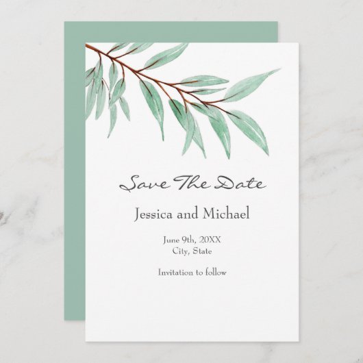 Waterverf Eucalyptusbladeren Save The Date (Voorkant / Achterkant)