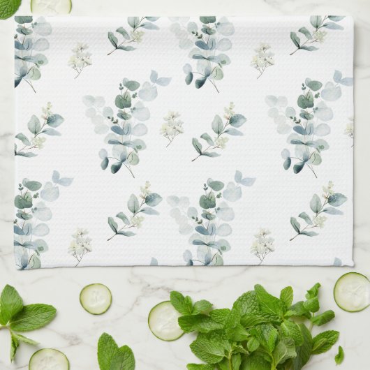 Waterverf eucalyptusbladeren theedoek (Gevouwen)