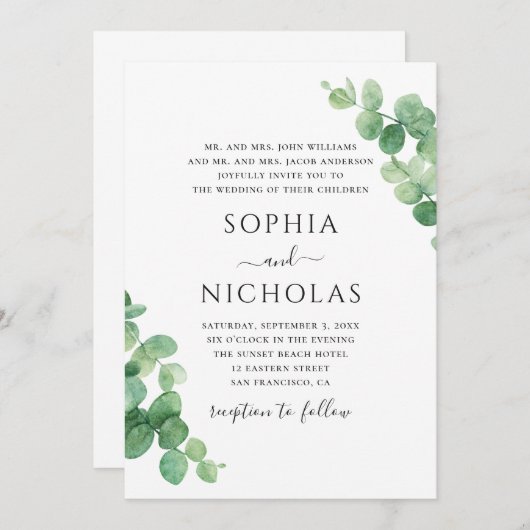 Waterverf eucalyptusbruiloft. Greenery foliage Kaart (Voorkant / Achterkant)