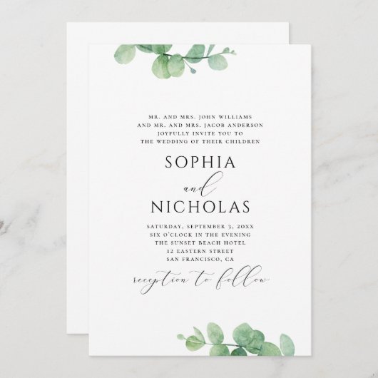 Waterverf eucalyptusbruiloft. Greenery foliage Kaart (Voorkant / Achterkant)