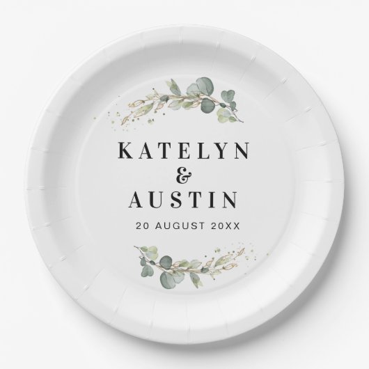 Waterverf eucalyptusbruiloft  papieren bordje (Voorkant)