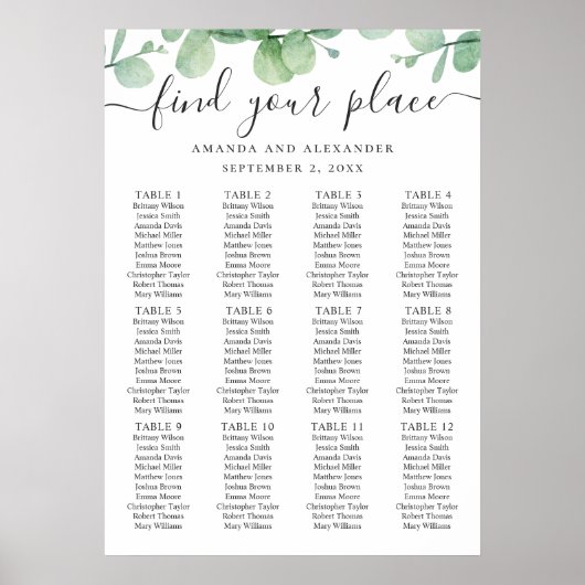 Waterverf eucalyptusscript trouwzittingsschema poster (Voorkant)