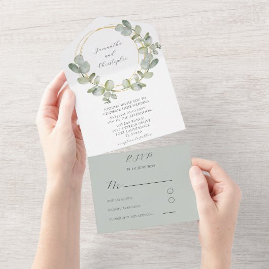 Waterverf Eucalyputus Greenery & Gold Wedding All In One Uitnodiging (Afscheurbaar)