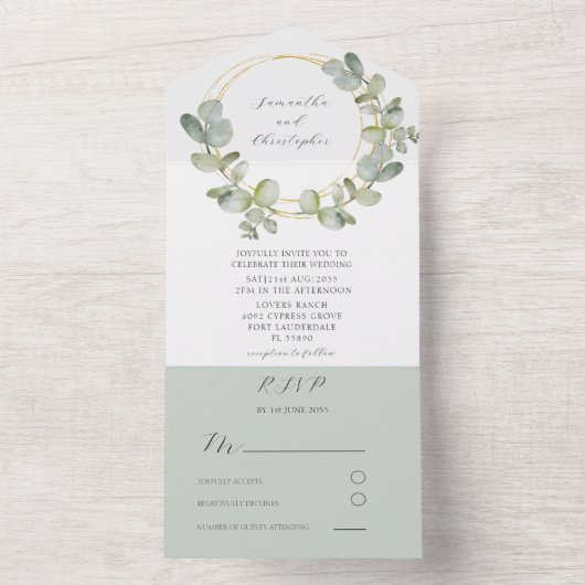 Waterverf Eucalyputus Greenery & Gold Wedding All In One Uitnodiging (Binnen)