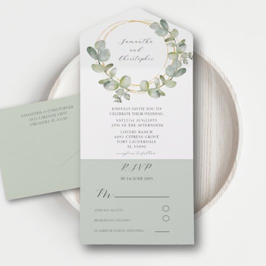 Waterverf Eucalyputus Greenery & Gold Wedding All In One Uitnodiging