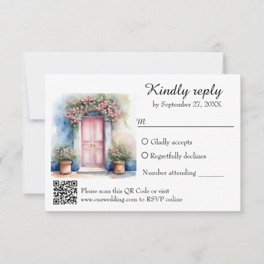 Waterverf Europees Mediterraan Huwelijk QR Code RSVP Kaartje (Voorkant)