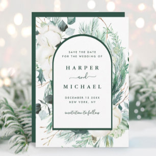 Waterverf Evergreen & Cotton Flowers Arch Foto Save The Date