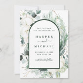 Waterverf Evergreen & Cotton Flowers Arch Foto Save The Date (Voorkant)