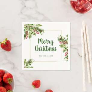 Waterverf Evergreen en Berries Kerstluiers Servet
