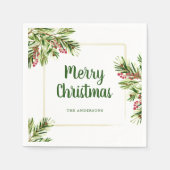 Waterverf Evergreen en Berries Kerstluiers Servet (Voorkant)