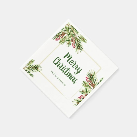 Waterverf Evergreen en Berries Kerstluiers Servet (Hoek)