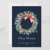 Waterverf Evergreen en Holly Berries Wreath Blue Feestdagenkaart (Voorkant)