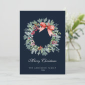 Waterverf Evergreen en Holly Berries Wreath Blue Feestdagenkaart (Staand voorkant)