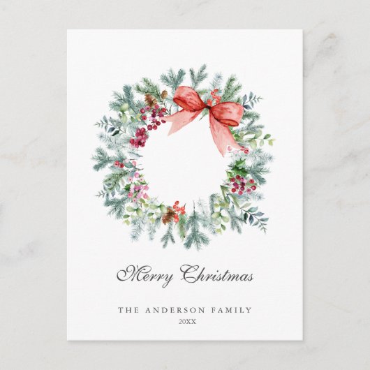 Waterverf Evergreen en Holly Berries Wreath Feestdagenkaart (Voorkant)