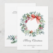 Waterverf Evergreen en Holly Berries Wreath Feestdagenkaart (Voorkant / Achterkant)
