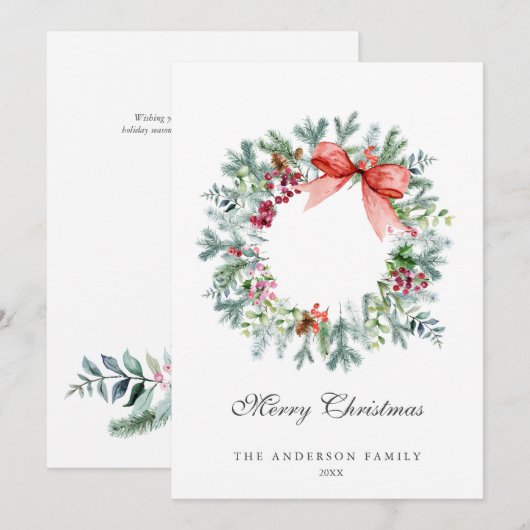 Waterverf Evergreen en Holly Berries Wreath Feestdagenkaart (Voorkant / Achterkant)