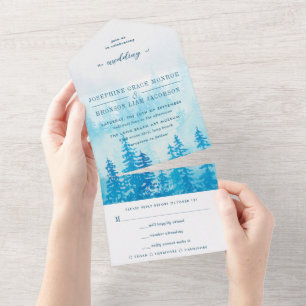 Waterverf Evergreen Forest in Blue Wedding All In One Uitnodiging