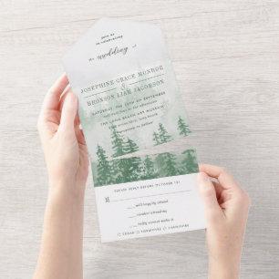 Waterverf Evergreen Forest in Green Wedding All In One Uitnodiging