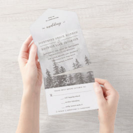 Waterverf Evergreen Forest in Grey Beige Wedding All In One Uitnodiging