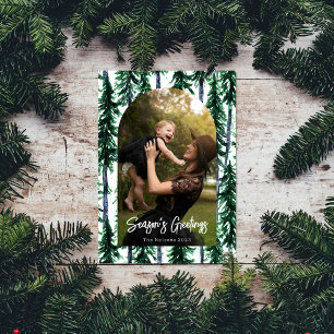 Waterverf Evergreen Kerstbomen Foto Boog Feestdagenkaart