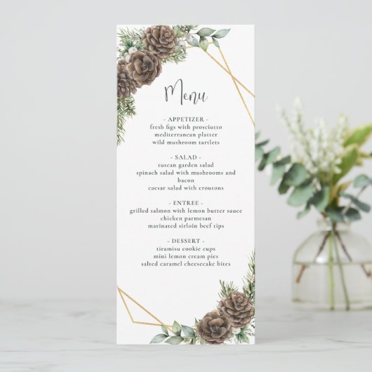 Waterverf Evergreen Pine Cone Winter Wedding Menu Kaart (Staand voorkant)
