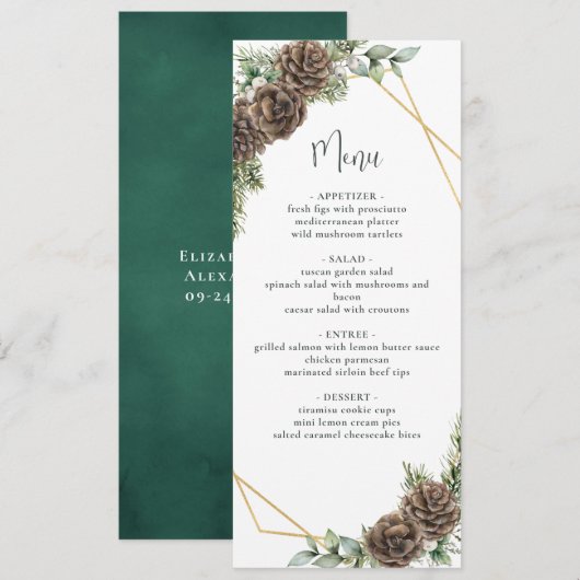 Waterverf Evergreen Pine Cone Winter Wedding Menu Kaart (Voorkant / Achterkant)