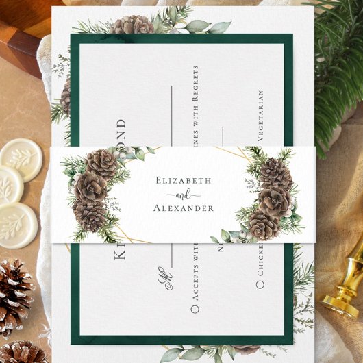 Waterverf Evergreen Pine Cone Winter Wedding Uitnodigingen Wikkel