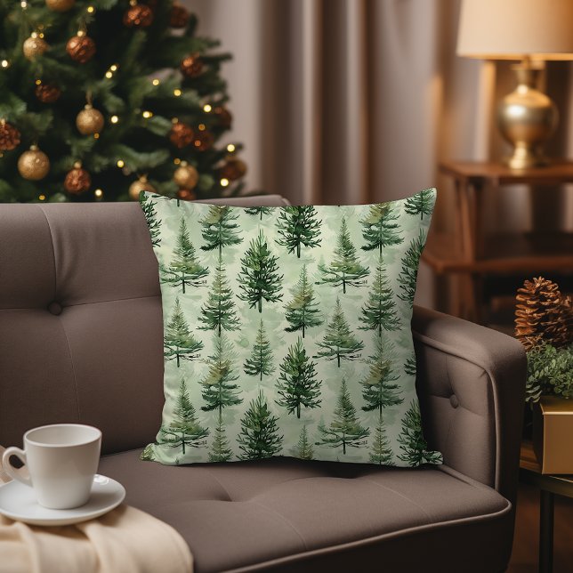Waterverf Evergreen Pine Trees Rustic Christmas Kussen (Watercolor Evergreen Pine Trees Rustic Christmas Throw Pillow)