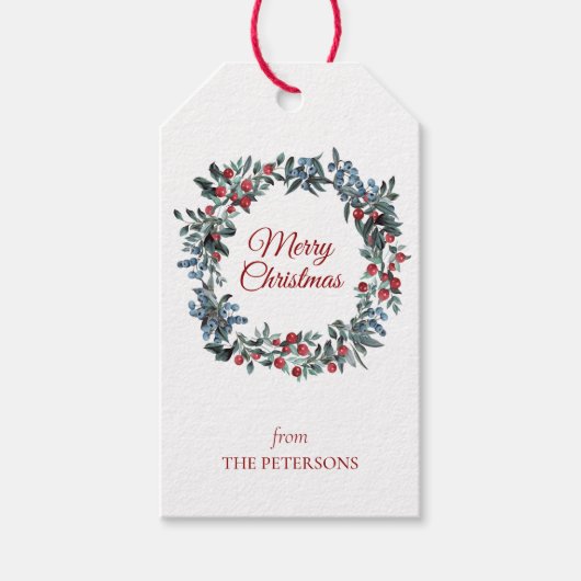Waterverf Evergreen Red Blue Berries Wreath Cadeaulabel (Voorkant)