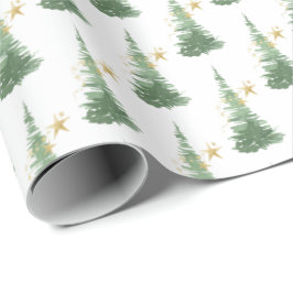 Waterverf Evergreen Tree met Gold Stars Cadeaupapier