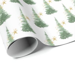 Waterverf Evergreen Tree met Gold Stars Cadeaupapier