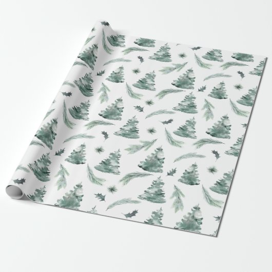 Waterverf Evergreen Winter Greenery Cadeaupapier (Uitgerold)