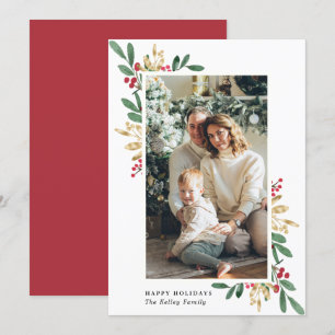 Waterverf Evergreens, Green and Gold, Large Photo Feestdagenkaart