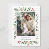 Waterverf Evergreens, Green Gold, Single Photo Feestdagenkaart (Voorkant)