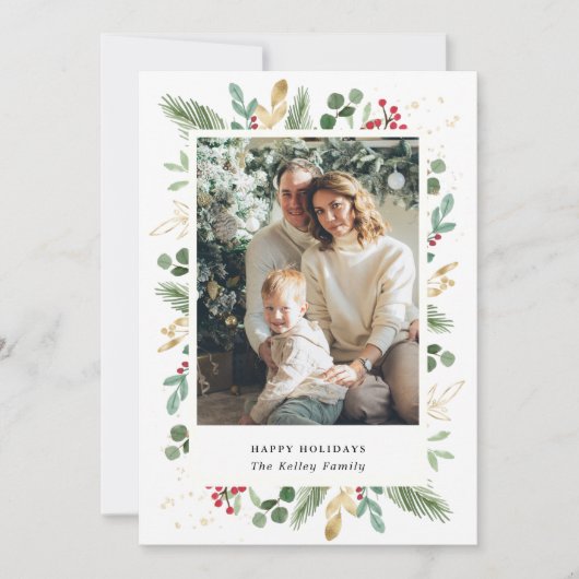 Waterverf Evergreens, Green Gold, Single Photo Feestdagenkaart (Voorkant)