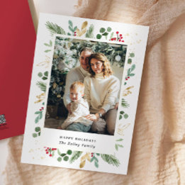 Waterverf Evergreens, Green Gold, Single Photo Feestdagenkaart