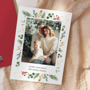 Waterverf Evergreens, Green Gold, Single Photo Feestdagenkaart