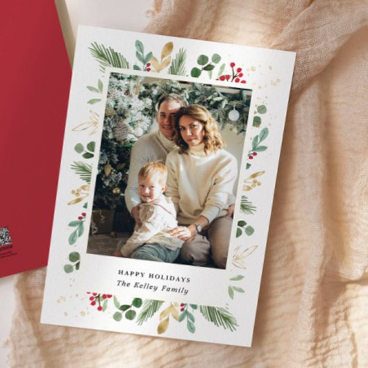 Waterverf Evergreens, Green Gold, Single Photo Feestdagenkaart