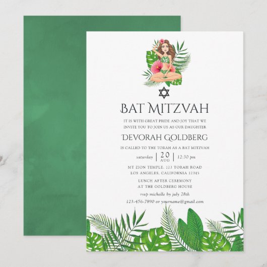 Waterverf Exotic Aloha Luau Bat Mitzvah Kaart (Voorkant / Achterkant)