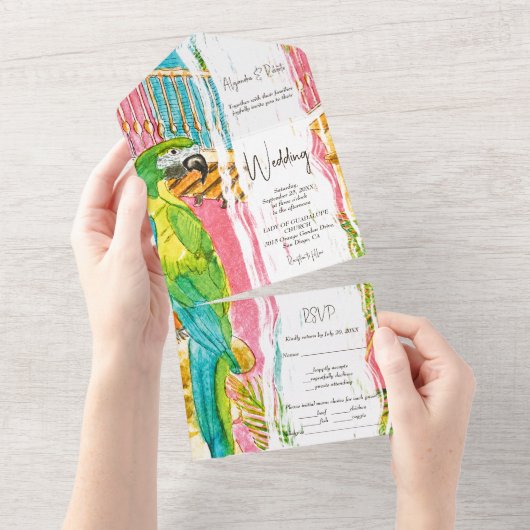 Waterverf Exotic Bird weelderige Caribische bruilo All In One Uitnodiging (Afscheurbaar)