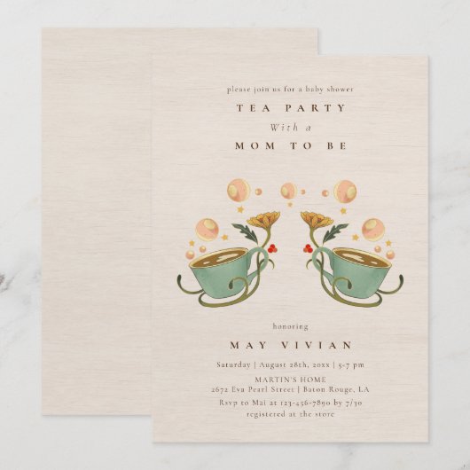 Waterverf Faecore bloementhee Party Baby shower in Kaart (Voorkant / Achterkant)