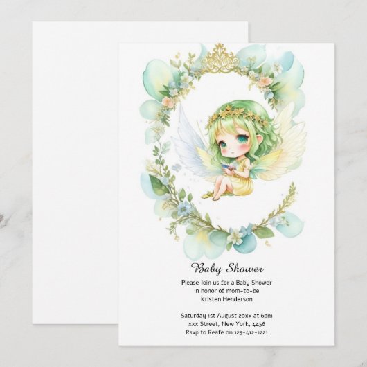 Waterverf Fairy Baby shower Uitnodiging (Voorkant / Achterkant)