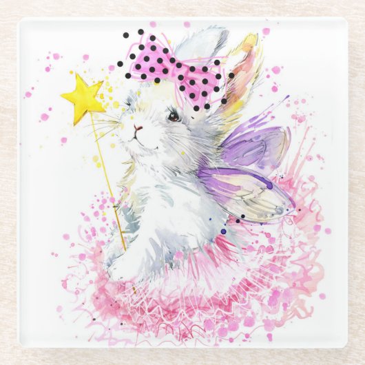 Waterverf Fairy Bunny Glazen Onderzetter (Voorkant)