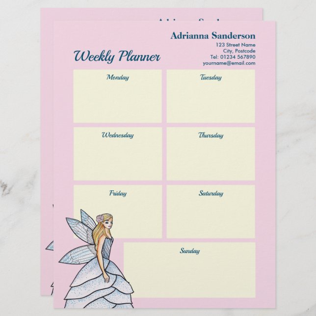 Waterverf Fairy Princess Mode Weekly Planner Briefhoofd (Voorkant / Achterkant)