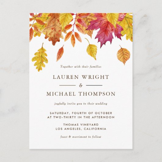 Waterverf Falling Leaves Autumn Wedding QR-code Uitnodiging Briefkaart (Voorkant)