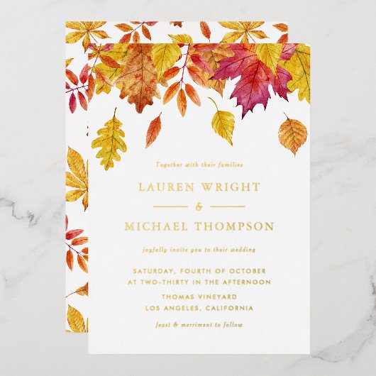 Waterverf Falling verlaat herfstbruiloft Folie Uitnodiging (Voorkant / Achterkant)