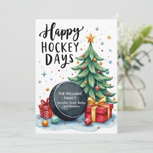 Waterverf Familienaam Hockey Christmas Kaart (Staand voorkant)