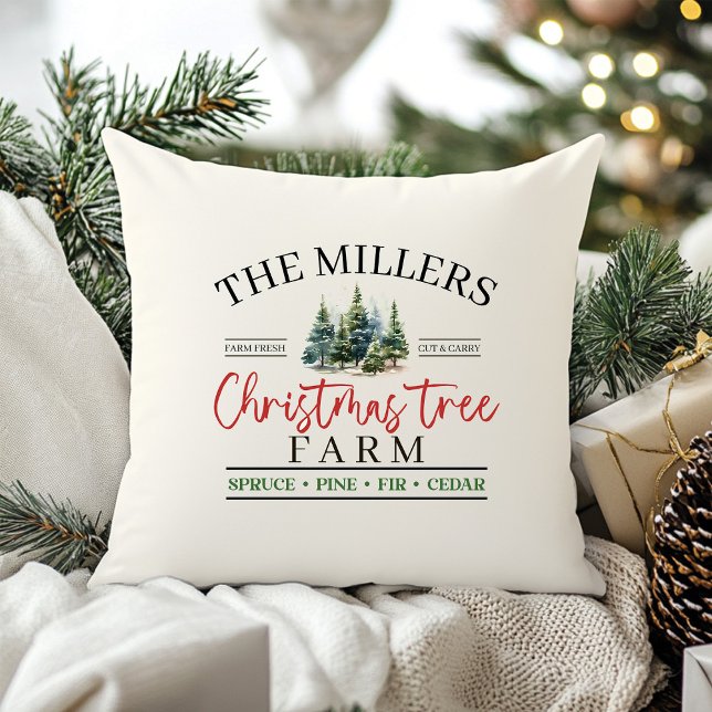 Waterverf Familienaam Kerstboom Boerderij Kussen (Watercolor Family Name Christmas Tree Farm Throw Pillow)