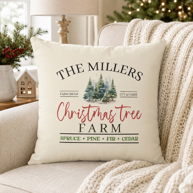 Waterverf familienaam kerstboomgaard  kussen (Watercolor Family Name Christmas Tree Farm Throw Pillow)